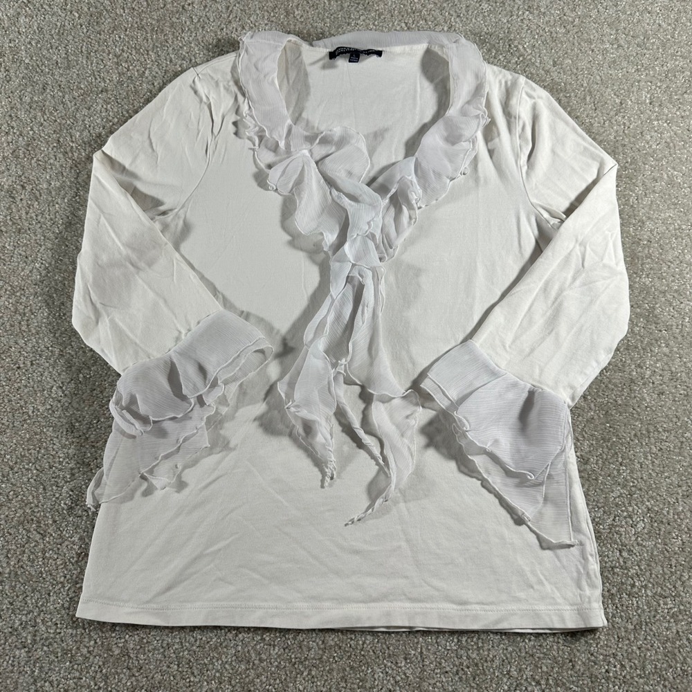 Jones New York Fairy Coquette White Ruffle Top Long Sleeve Chiffon Trim Large